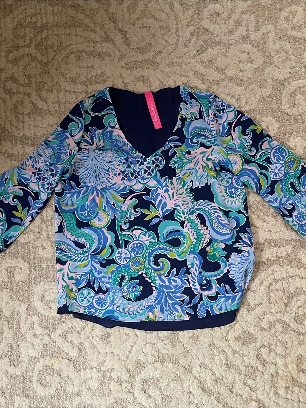 Lilly Pulitzer Navy Blue Multicolor V-Neck Floral-Print Top
